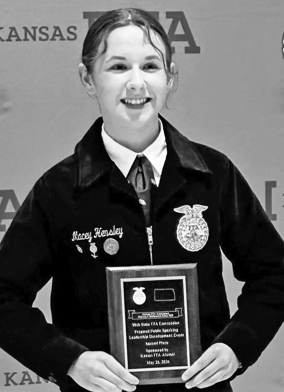Macey Hensley has been named state runner-up in the State FFA Prepared Public Speaking Leadership Development Event. The honor is an impressive accomplishment for Hensley, who is a sophomore. She competed against three seniors in the finals and was among 